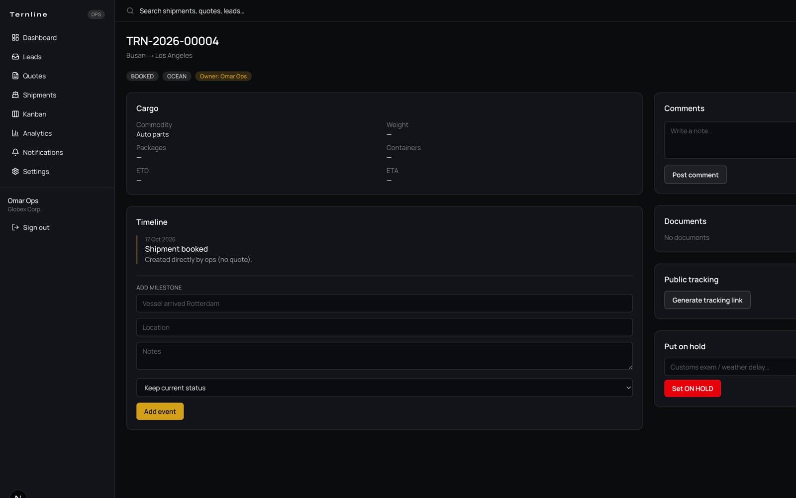 Ternline shipment detail screen with cargo details, a milestone timeline, comments, and a public tracking link action